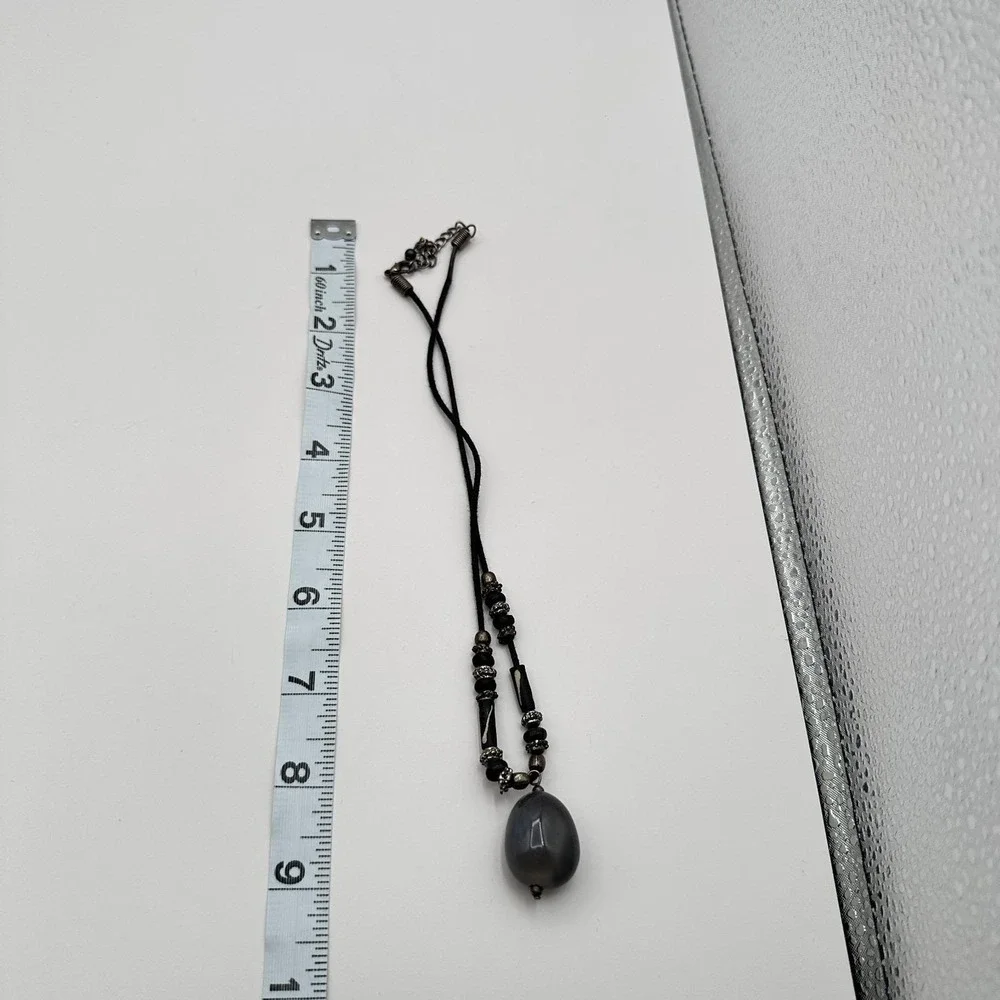 Vintage 90s Grey Agate Beaded Pendant Necklace Black Cord‎ Statement Jewelry Y2K